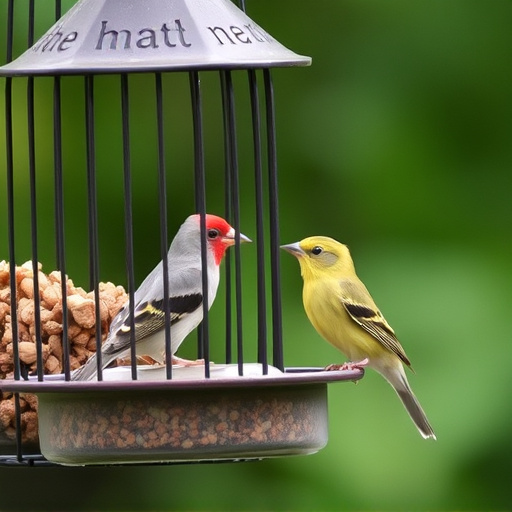 Small bird feeding at cage feeder