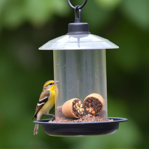 Small bird feeding at cage feeder