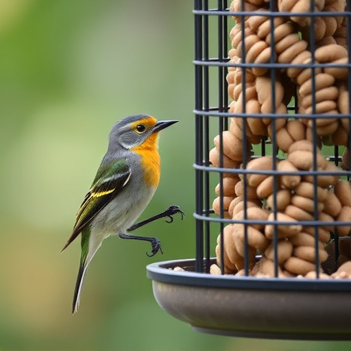 Small bird feeding at cage feeder