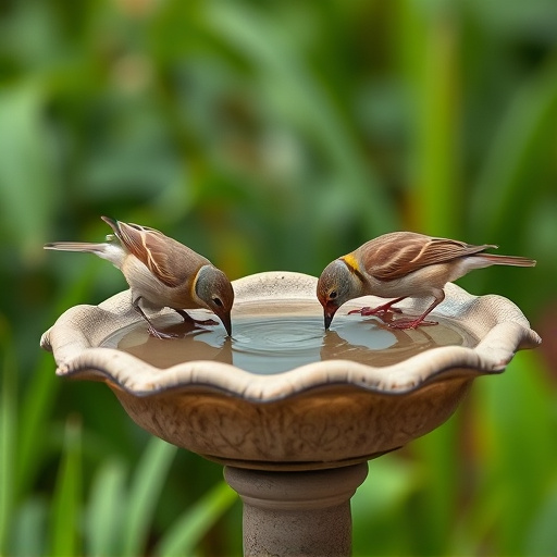 Small birds drinking from birdbath