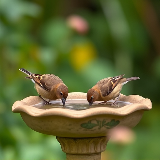 Small birds drinking from birdbath