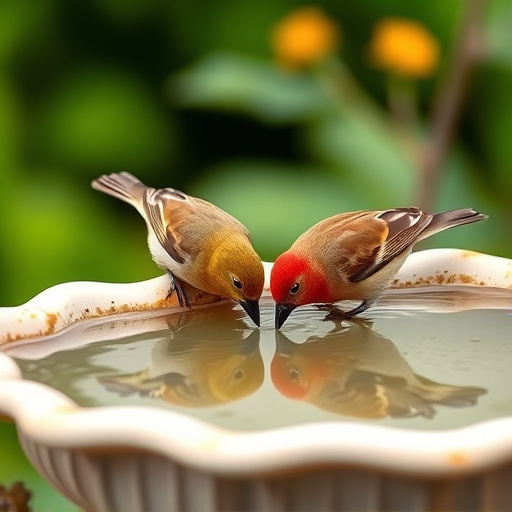 Small birds drinking from birdbath