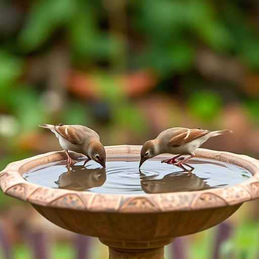 Small birds drinking from birdbath