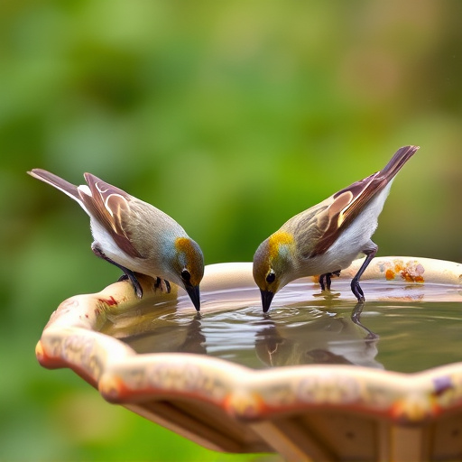 Small birds drinking from birdbath
