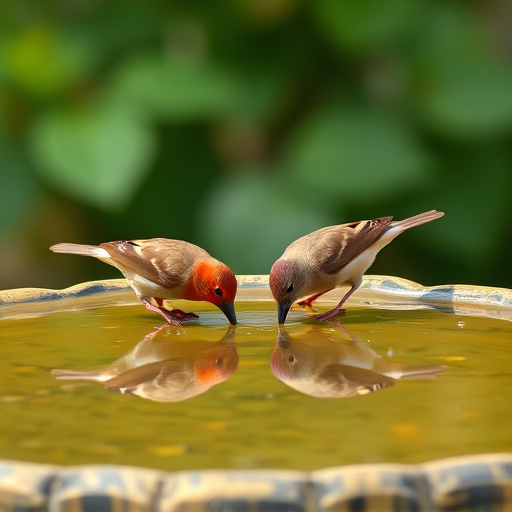 Small birds drinking from birdbath
