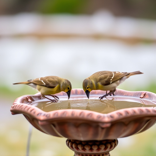 Small birds drinking from birdbath