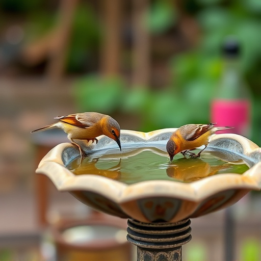 Small birds drinking from birdbath