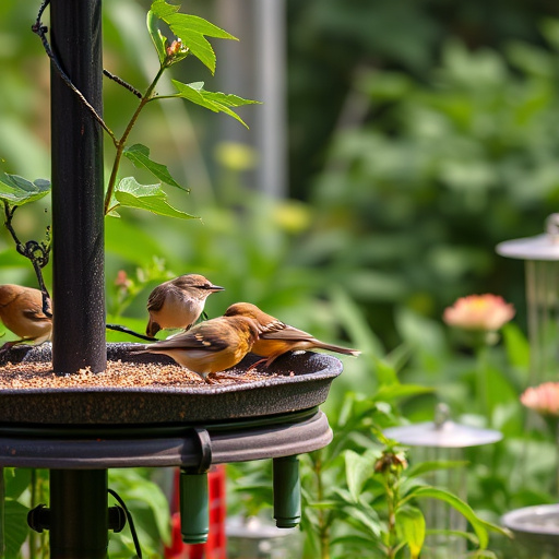Small birds eating at garden station