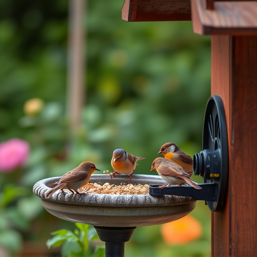 Small birds eating at garden station