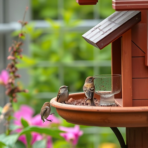 Small birds eating at garden station