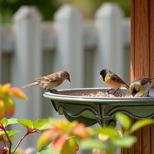 Small birds eating at garden station