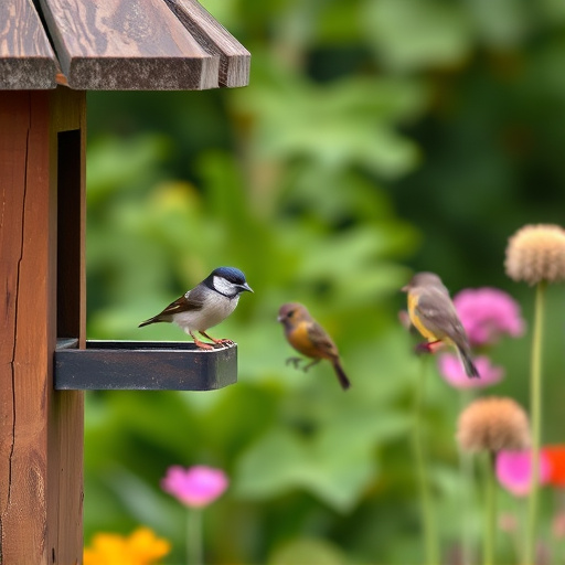 Small birds eating at garden station