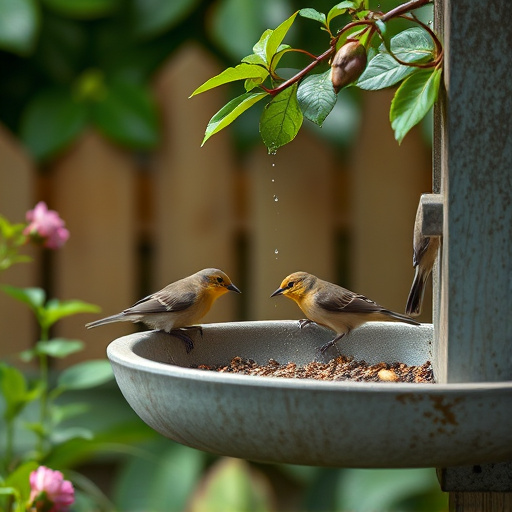 Small birds eating at garden station
