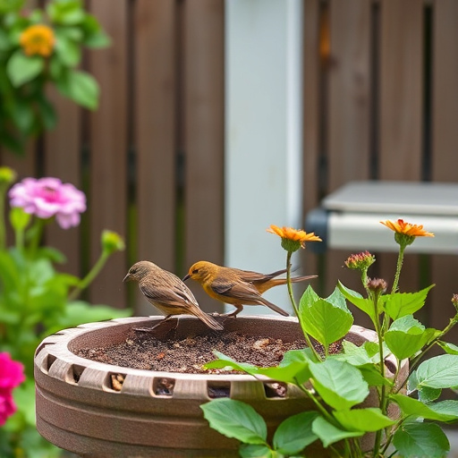 Small birds eating at garden station