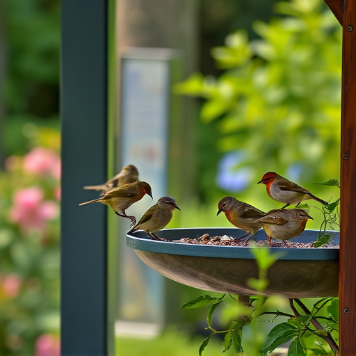 Small birds eating at garden station