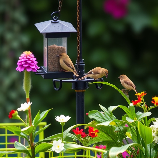 Small birds eating at garden station