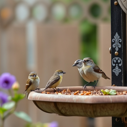 Small birds eating at garden station