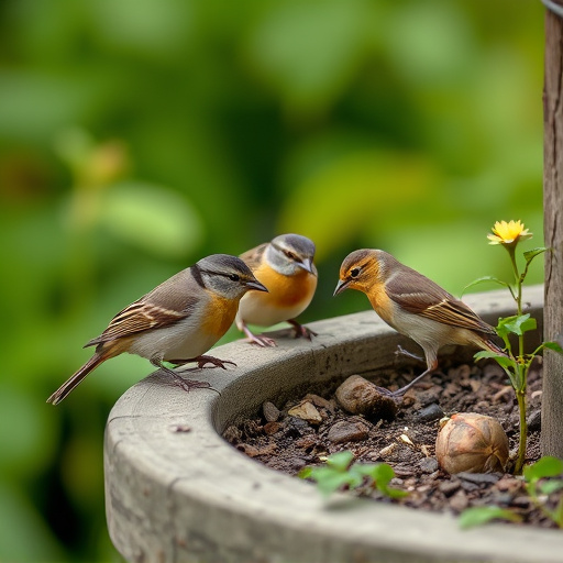 Small birds eating at garden station