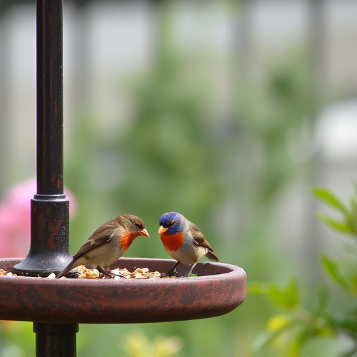Small birds eating at garden station