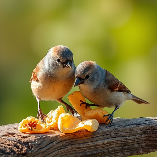 Small birds eating dried fruit pieces