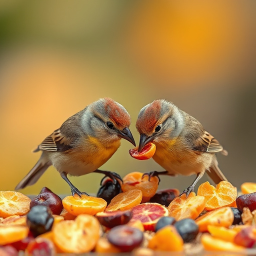 Small birds eating dried fruit pieces