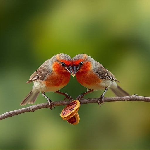 Small birds eating dried fruit pieces