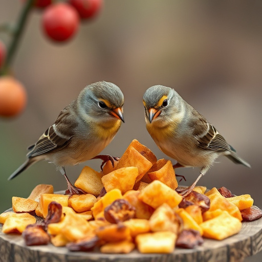 Small birds eating dried fruit pieces