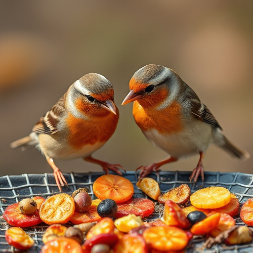 Small birds eating dried fruit pieces