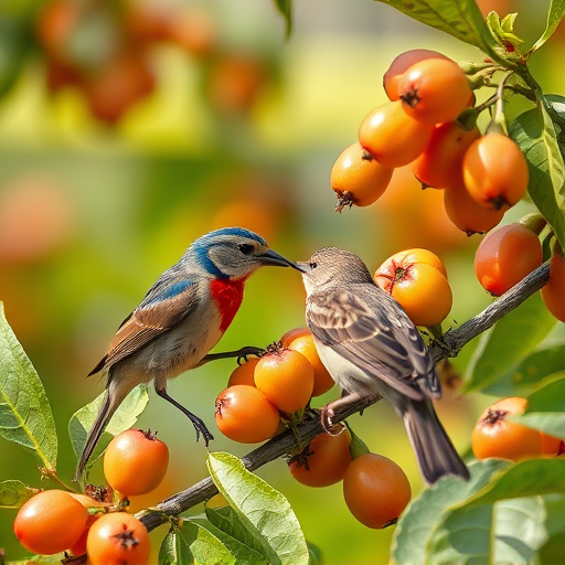 Small birds eating juicy summer fruits