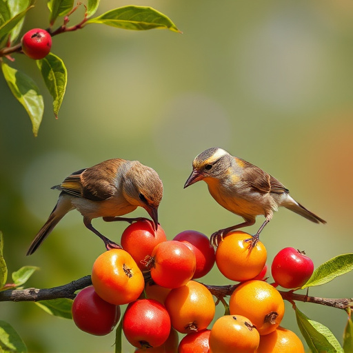 Small birds eating juicy summer fruits