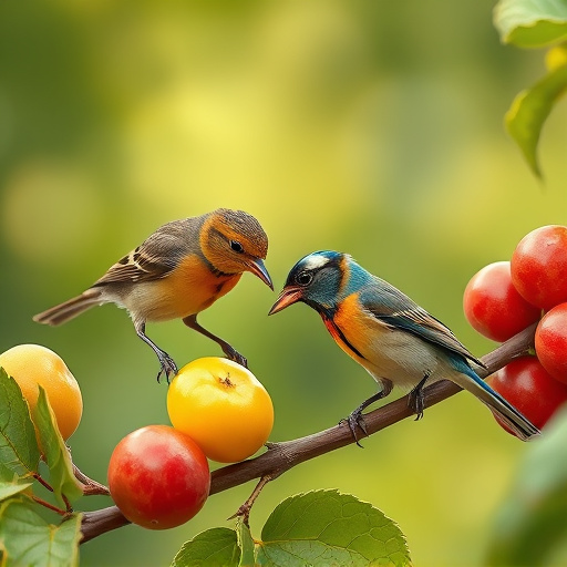 Small birds eating juicy summer fruits