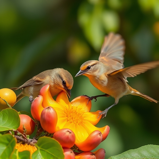 Small birds eating juicy summer fruits