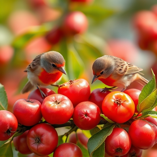 Small birds eating juicy summer fruits