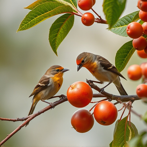 Small birds eating juicy summer fruits