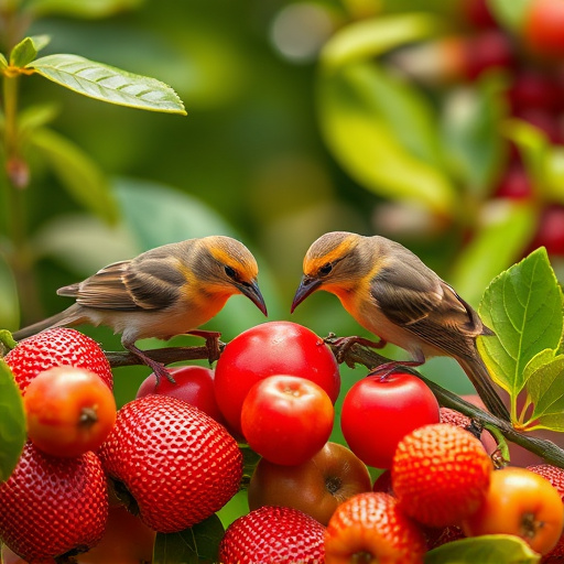 Small birds eating juicy summer fruits