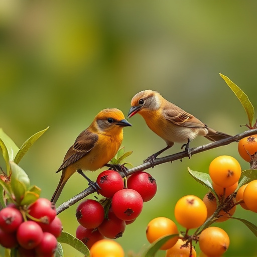 Small birds eating juicy summer fruits