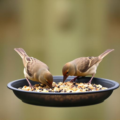 Small birds eating seed from tray