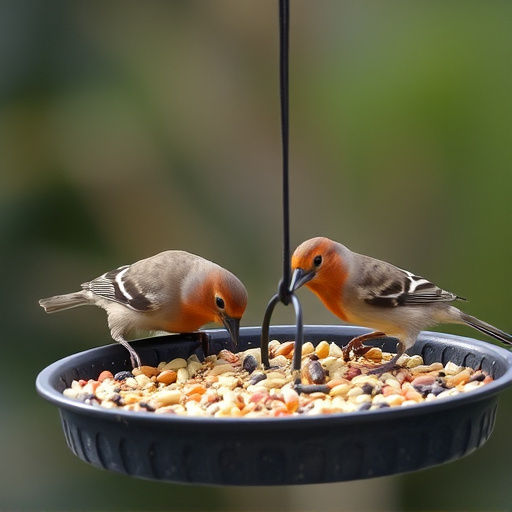 Small birds eating seed from tray
