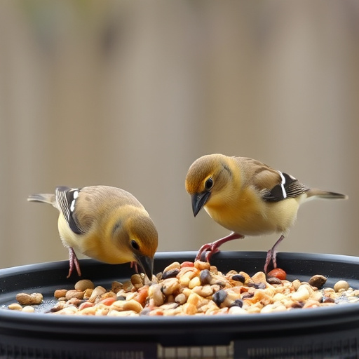 Small birds eating seed from tray