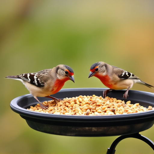Small birds eating seed from tray