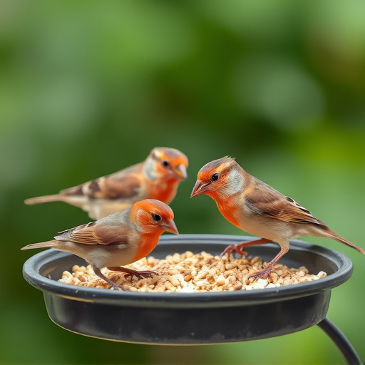 Small birds eating seed from tray