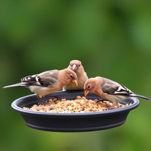 Small birds eating seed from tray