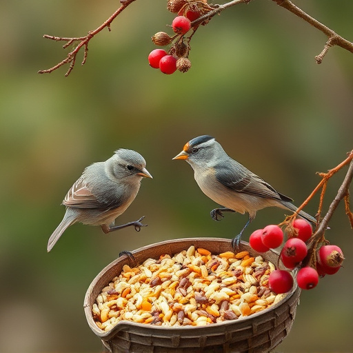 Small birds enjoying seed and berries