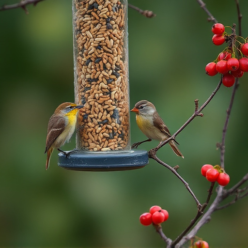 Small birds enjoying seed and berries