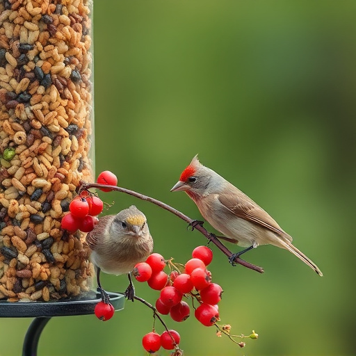 Small birds enjoying seed and berries