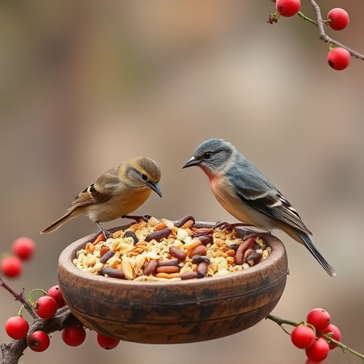 Small birds enjoying seed and berries