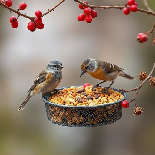 Small birds enjoying seed and berries