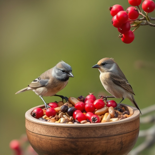 Small birds enjoying seed and berries