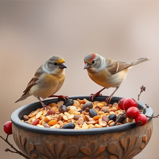 Small birds enjoying seed and berries