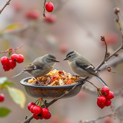 Small birds enjoying seed and berries